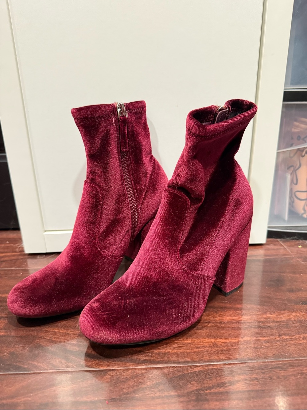 Velvet Block Heel Ankle Boots - Burgundy Red